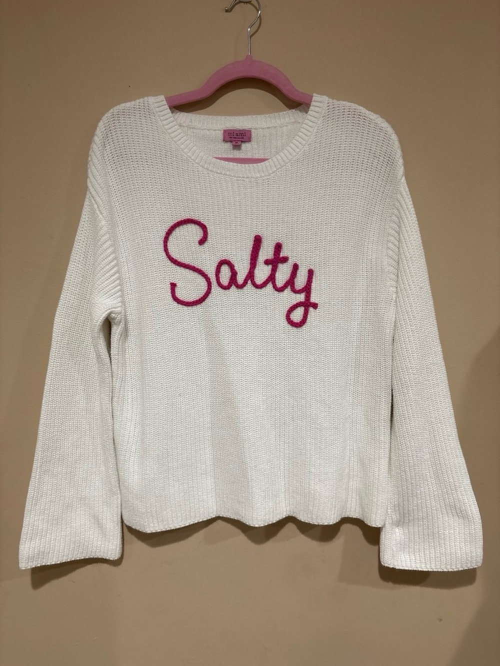 miami White Knit Crewneck Sweater with Pink "Salty" Script